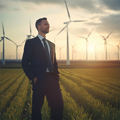 Mężczyzna w garniturze patrzy w stronę farmy wiatrowej na tle nieba o zachodzie słońca.