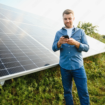 PMężczyzna w niebieskiej koszuli stoi na tle farmy fotowoltaicznej, sprawdzając coś na smartfonie.