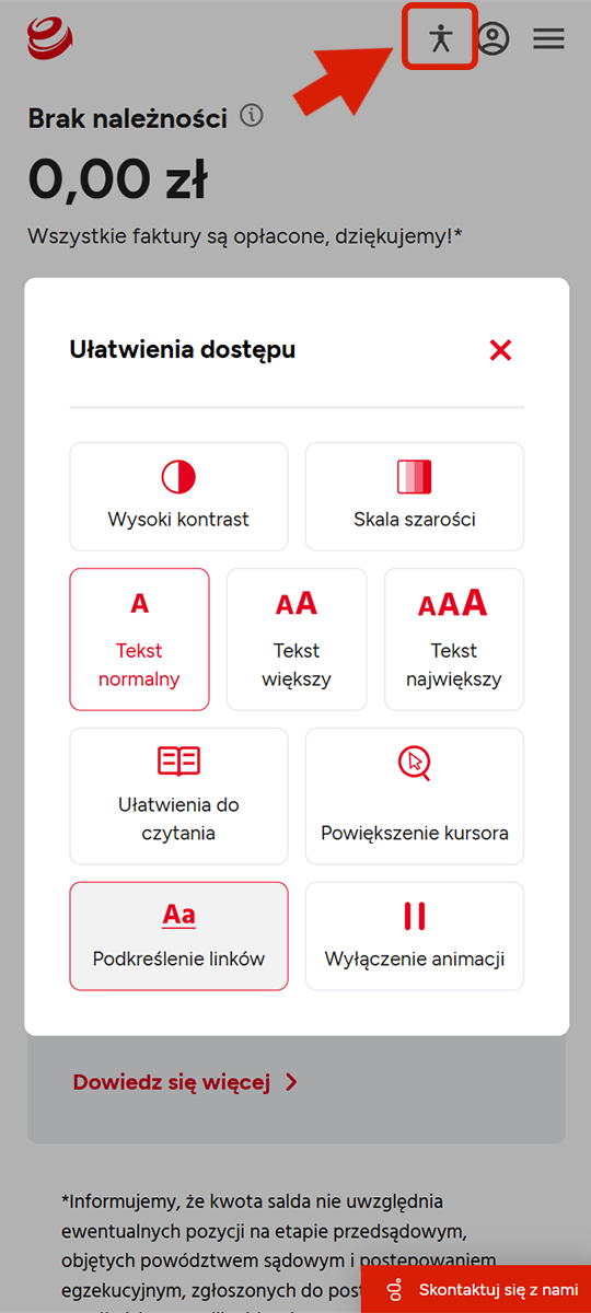 Panel dostępności w serwisie ENERGA24