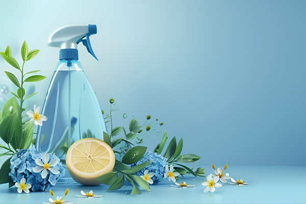Butelka z atomizerem z płynem, niebieska, wokół niej błękitne i białe kwiaty, zielone liście oraz cytryna. Wszystko na na błękitnym tle