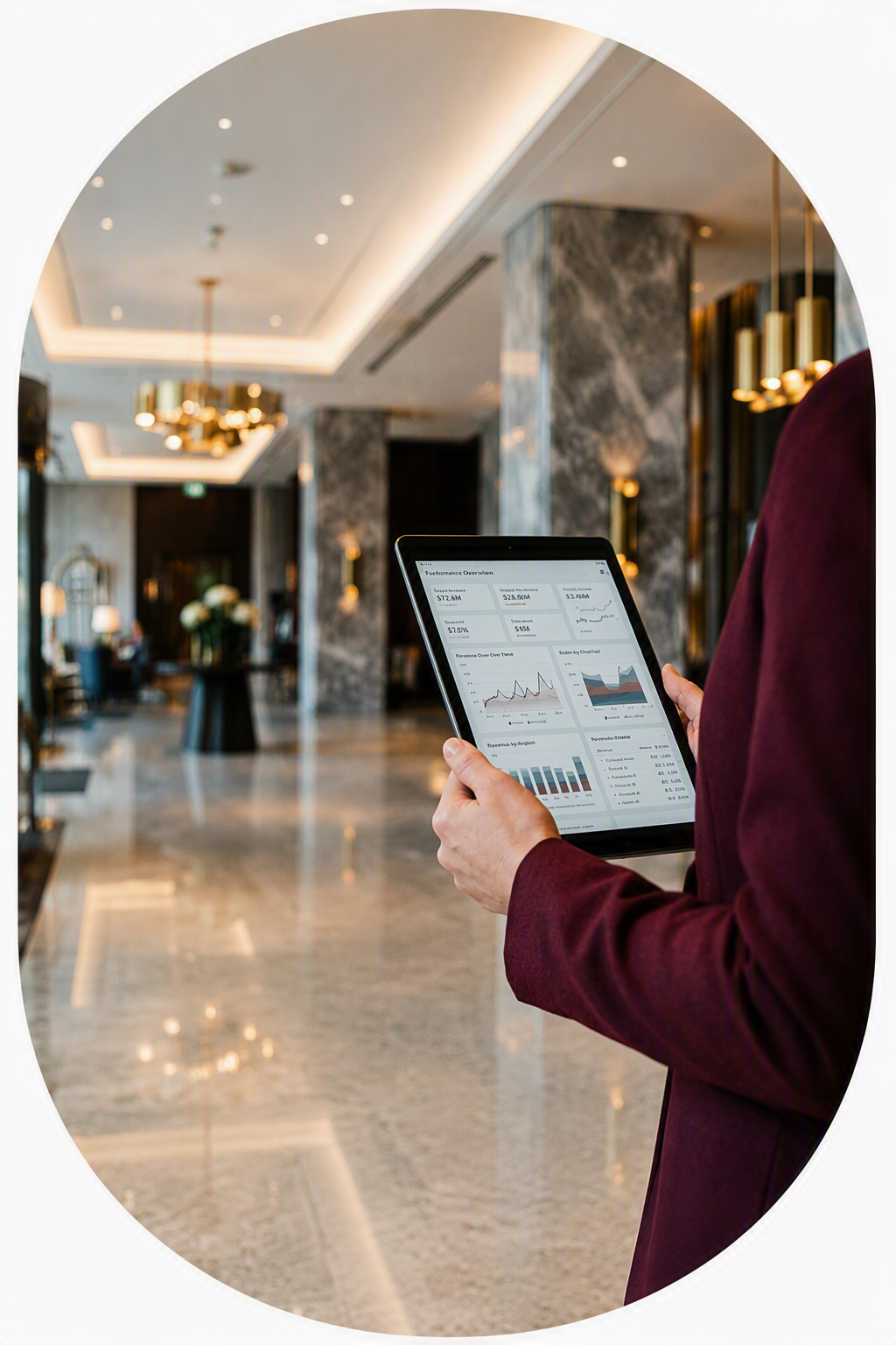 Korzystanie z tabletu w hotelowym lobby. 