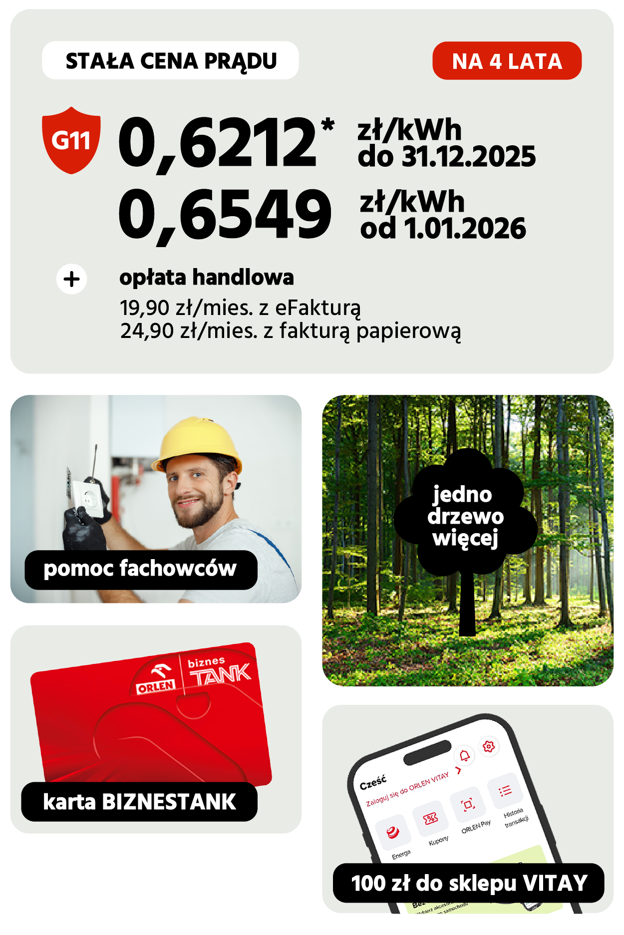 cena prądu po 31 grudnia 2025 roku: 0,6549 zł za kWh,  cena prądu do 31 grudnia 2025 roku: 0,6212 zł za KWh, ceny na 4 lata w grupie G11, miesięczna opłata handlowa 19,90 zł z efakturą lub 24,90 zł z fakturą papierową