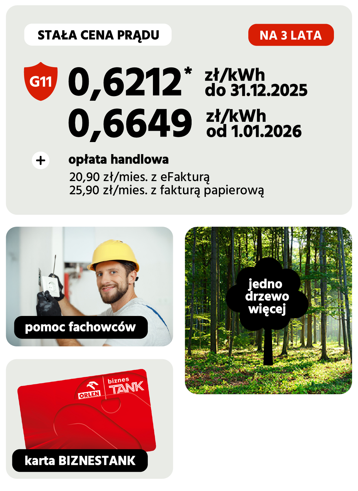 cena prądu po 31 grudnia 2025 roku: 0,6649 zł za kWh,  cena prądu do 31 grudnia 2025 roku: 0,6212 zł za KWh, ceny na 3 lata w grupie G11, miesięczna opłata handlowa 20,90 zł z efakturą lub 25,90 zł z fakturą papierową
