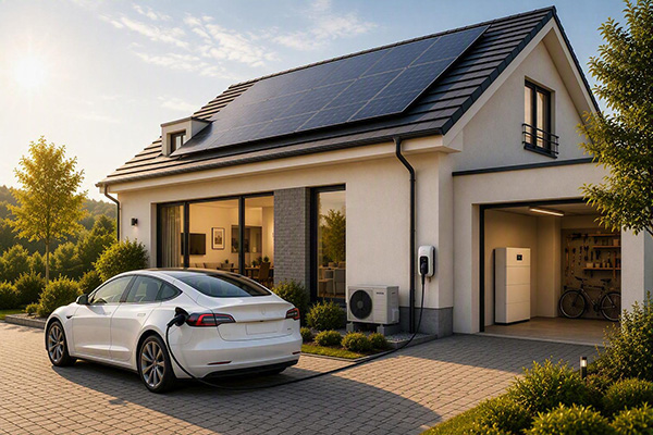 Nowoczesny dom jednorodzinny wyposażony w panele fotowoltaiczne na dachu,  magazyn energii, stację ładowania samochodu elektrycznego i pompę ciepła. Na  podjeździe stoi samochód elektryczny podłączony do ładowarki, co ilustruje  wykorzystanie odnawialnych źródeł energii w gospodarstwie domowym.