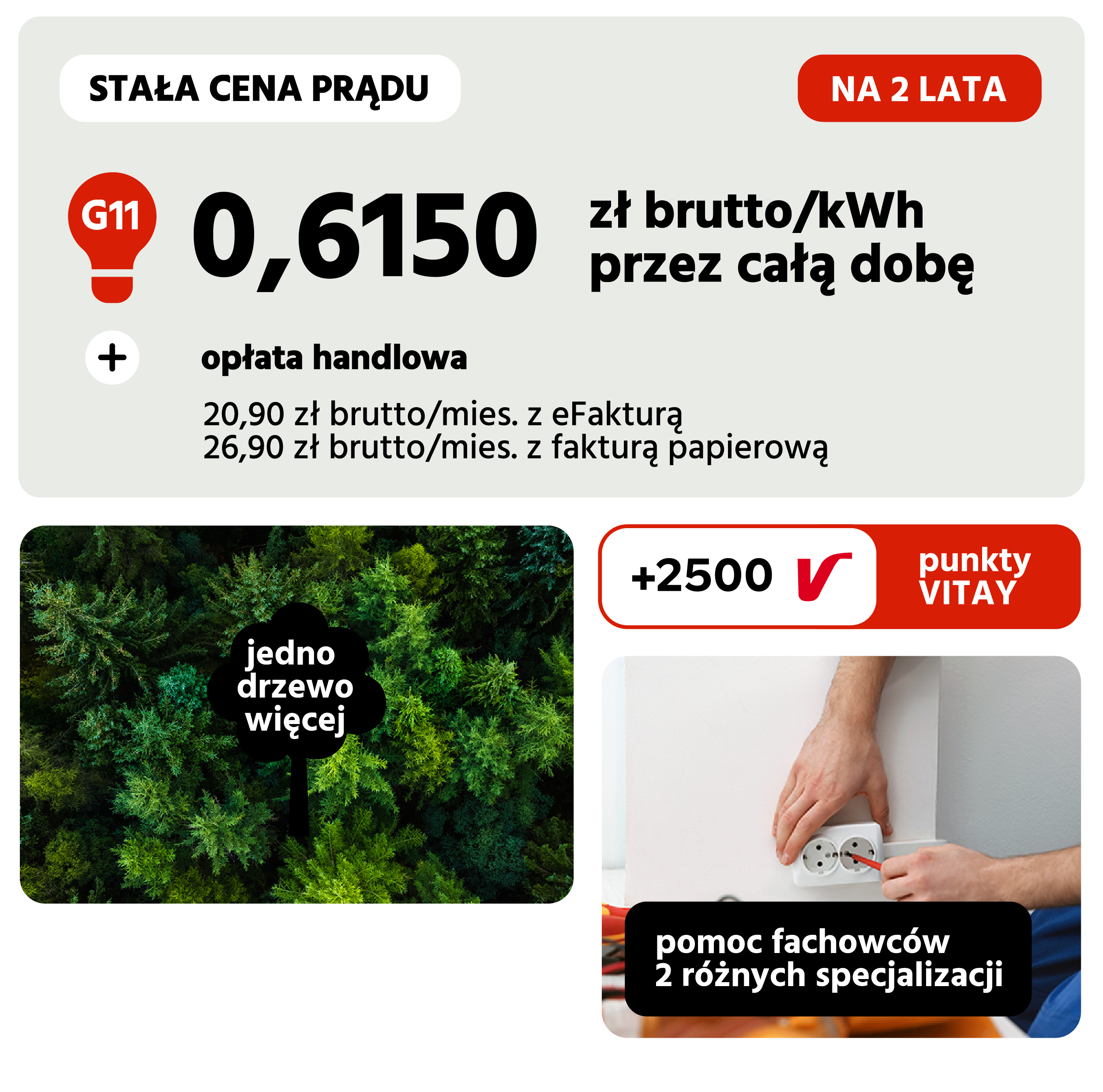 cena prądu: 0,6150 zł za KWh, ceny na 2 lata w grupie G11, miesięczna opłata handlowa 20,90 zł z efakturą lub 26,90 zł z fakturą papierową