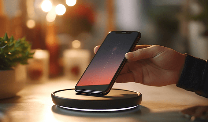 Osoba kładąca smartphon na ładowarkę indukcyjną