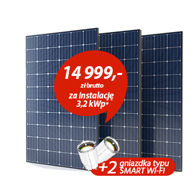 Ilustracja przedstawia zestaw paneli fotowoltaicznych za 14 999 zł brutto za instalację 3,2 kWp z dwoma gniazdkami typuwifi