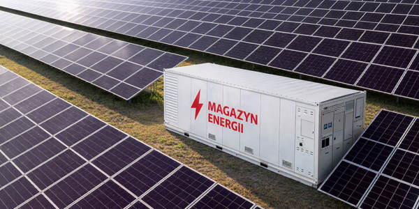 Magazyn energii na tle farmy paneli fotowoltaicznych