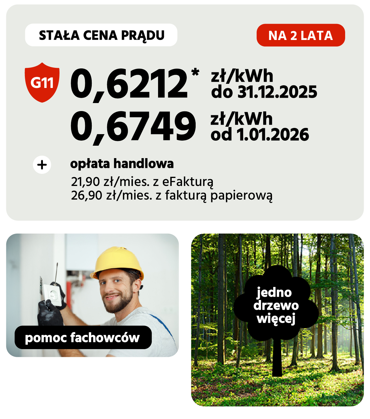 cena prądu po 31 grudnia 2025 roku: 0,6749 zł za kWh,  cena prądu do 31 grudnia 2025 roku: 0,6212 zł za KWh, ceny na 2 lata w grupie G11, miesięczna opłata handlowa 21,90 zł z efakturą lub 26,90 zł z fakturą papierową