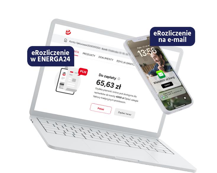 laptop oraz telefon prezentujące dwie możliwości otrzymywania eRozliczenia - na maila oraz w serwisie ENERGA24