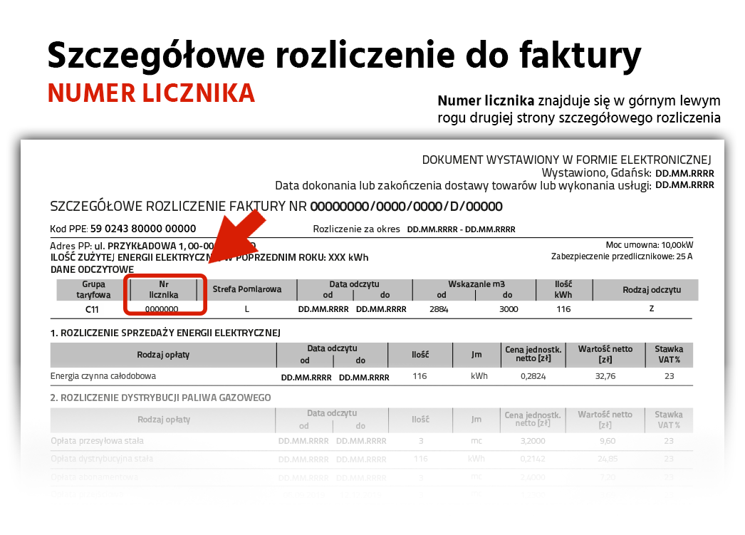 ilustracja przedstawiająca miejsce numeru licznika na szczegółowym rozliczeniu do faktury dla firm