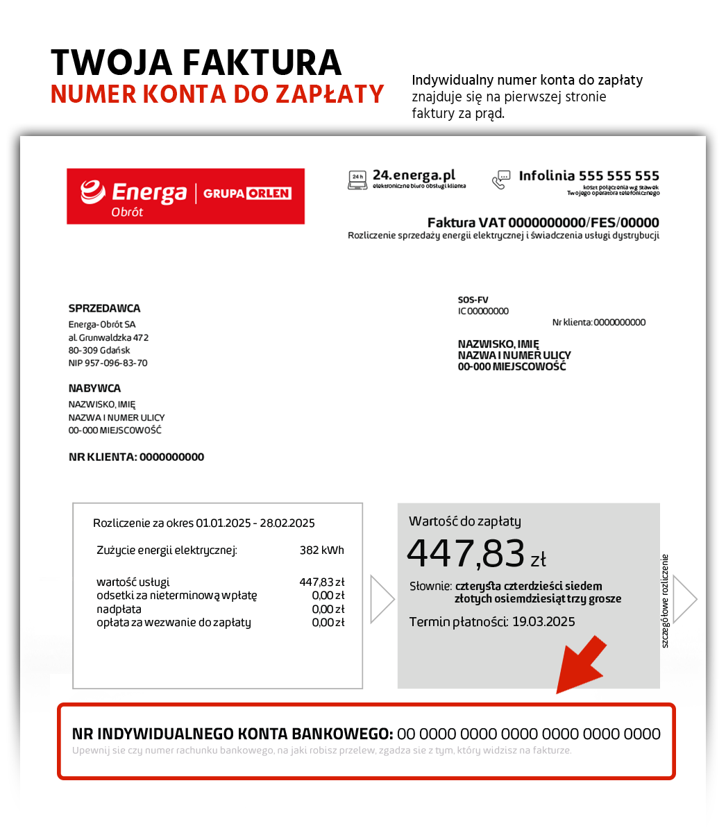 Indywidualny numer konta do zapłaty znajduje się na pierwszej stronie faktury za prąd, bezpośrednio pod szarym polem z wartością do zapłaty. 