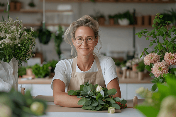 Uśmiechnięta kobieta stoi za blatem w kwiaciarni