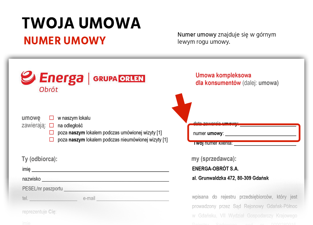Numer umowy znajduje się w górnym lewym rogu umowy
