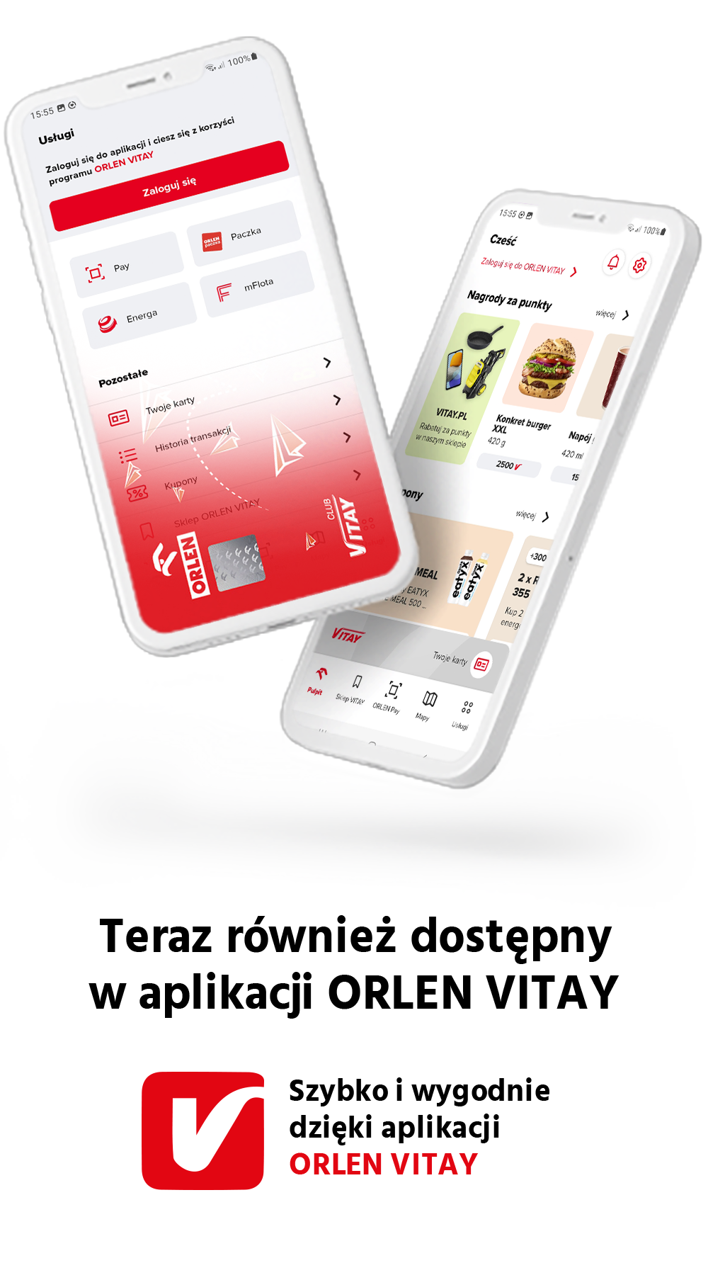 Dwa smartfony z ekranami aplikacji Orlen Vitay oraz hasło Teraz rónież dostępny w aplikacji Orlen Vitay