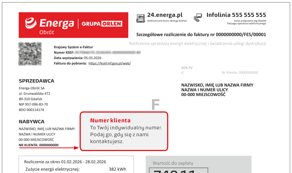 Grafika przedstawiająca szczególowe rozliczenie do faktury dla firm - numer klienta znajduje się po lewej stronie, pod sekcjami Sprzedawca oraz Nabywca