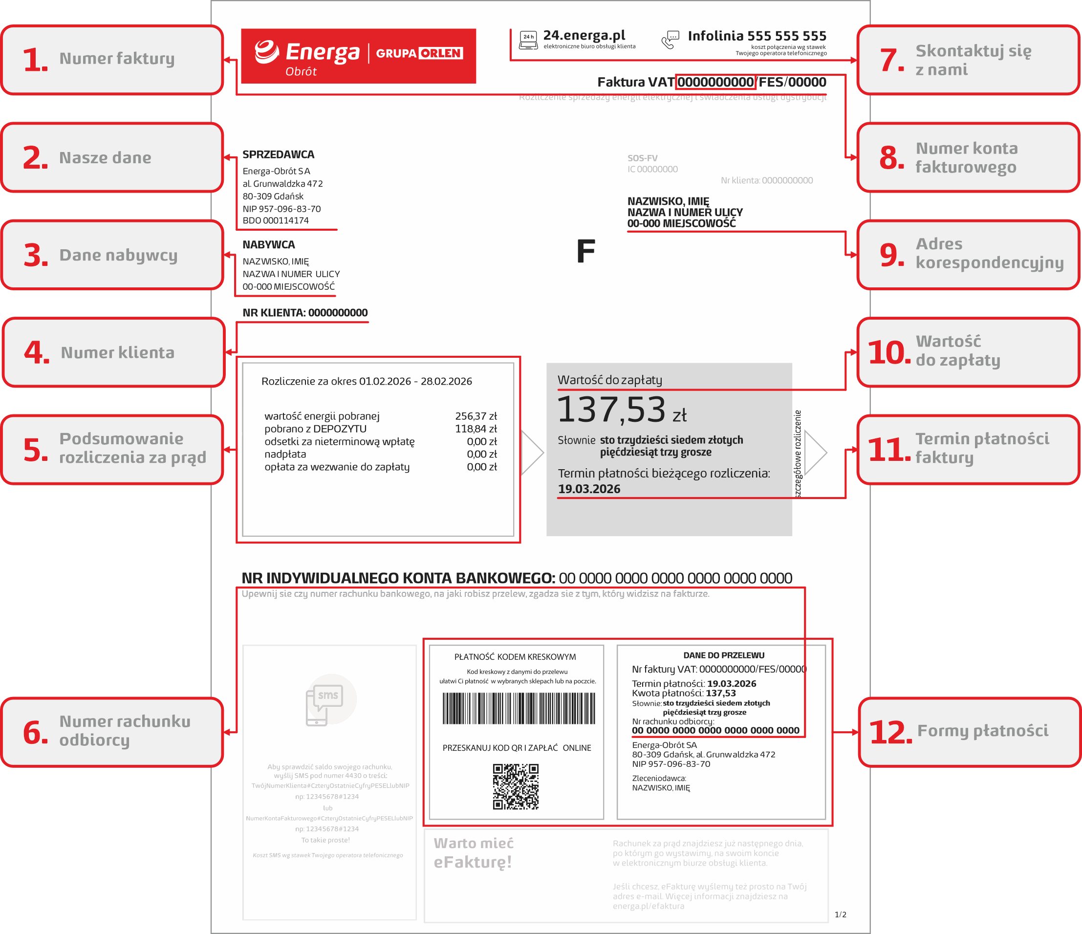 Widok pierwszej strony faktury prosumenta z rozliczeniem net-billing. Na pierwszej stronie faktury znajdują się takie informacje jak: numer konta fakturowego, numer faktury, adres korespondencyjny odbiorcy, dane nabywcy i sprzedawcy, numer klienta, wartość do zapłaty wraz z terminem płatności, numer konta do zapłaty oraz kanały kontaktu z Energą.