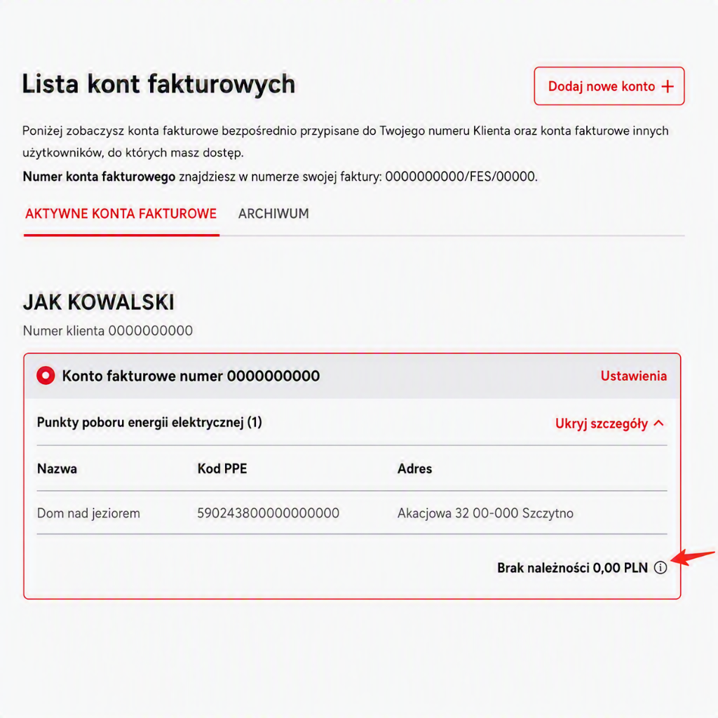 Lista kont fakturowych z saldem w ENERGA24