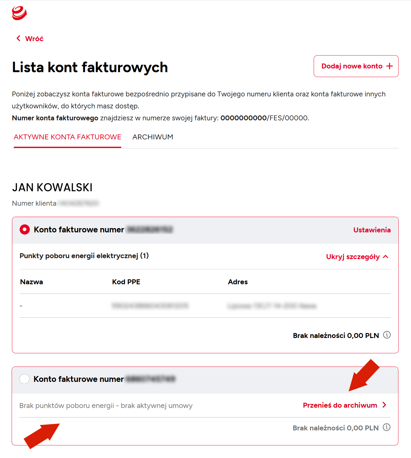 Lista kont fakturowych z saldem w ENERGA24