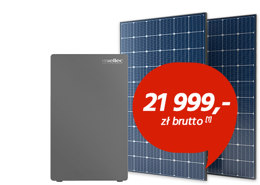Ilustracja przedstawia zestaw paneli fotowoltaicznych z magazynem energii za 21 999 zł brutto