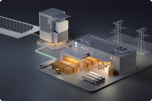 Iustracja prezentująca zakład przemysłowy połączony z magazynem energii oraz liniami wysokiego napięcia.