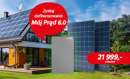 Ilustracja przedstawia dom z panelami fotowoltaicznymi na dachu, obok przedstawiony jest zestaw paneli wraz z magazynem energii za 21 999 zł brutto. W czerwonym dymku napis Zyskaj dofinansowanie Mój prąd 6.0
