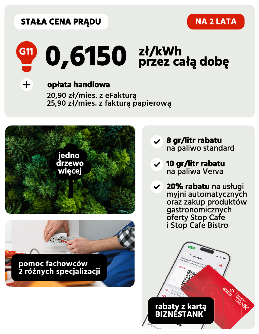 cena prądu: 0,6150 zł za KWh, ceny na 2 lata w grupie G11, miesięczna opłata handlowa 20,90 zł z efakturą lub 25,90 zł z fakturą papierową