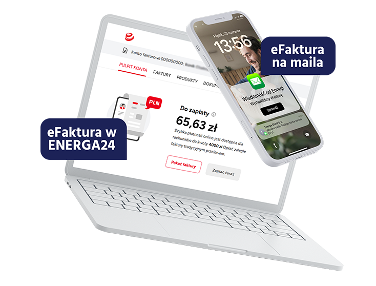 laptop oraz telefon prezentujące dwie możliwości odbioru eFaktury - na maila oraz w serwisie ENERGA24