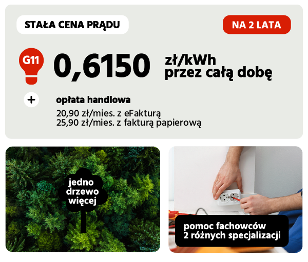 cena prądu: 0,6150 zł za KWh, ceny na 2 lata w grupie G11, miesięczna opłata handlowa 20,90 zł z efakturą lub 26,90 zł z fakturą papierową