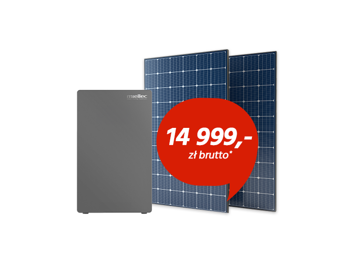 Ilustracja przedstawia zestaw paneli fotowoltaicznych z magazynem energii za 14 999 zł brutto