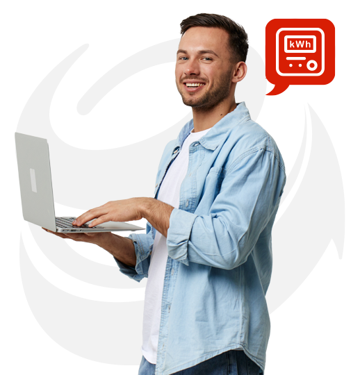 Uśmiechnięty mężczyzna z laptopem wypełnia wniosek o przepisanie licznika