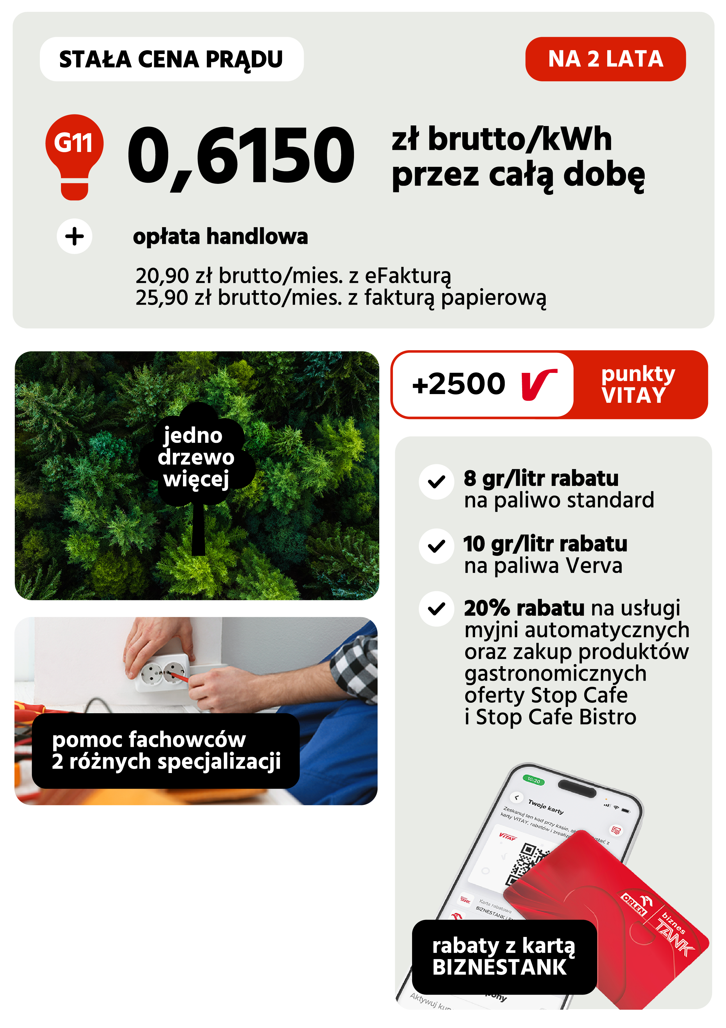 cena prądu: 0,6150 zł za KWh, ceny na 2 lata w grupie G11, miesięczna opłata handlowa 20,90 zł z efakturą lub 25,90 zł z fakturą papierową
