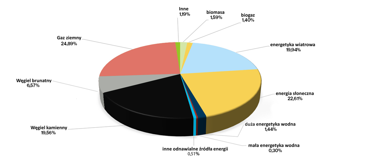 Wykres kołowy przedstawia strukturę paliw zużytych do wytworzenia energii elektrycznej, zamiera dane z tabeli powyżej.