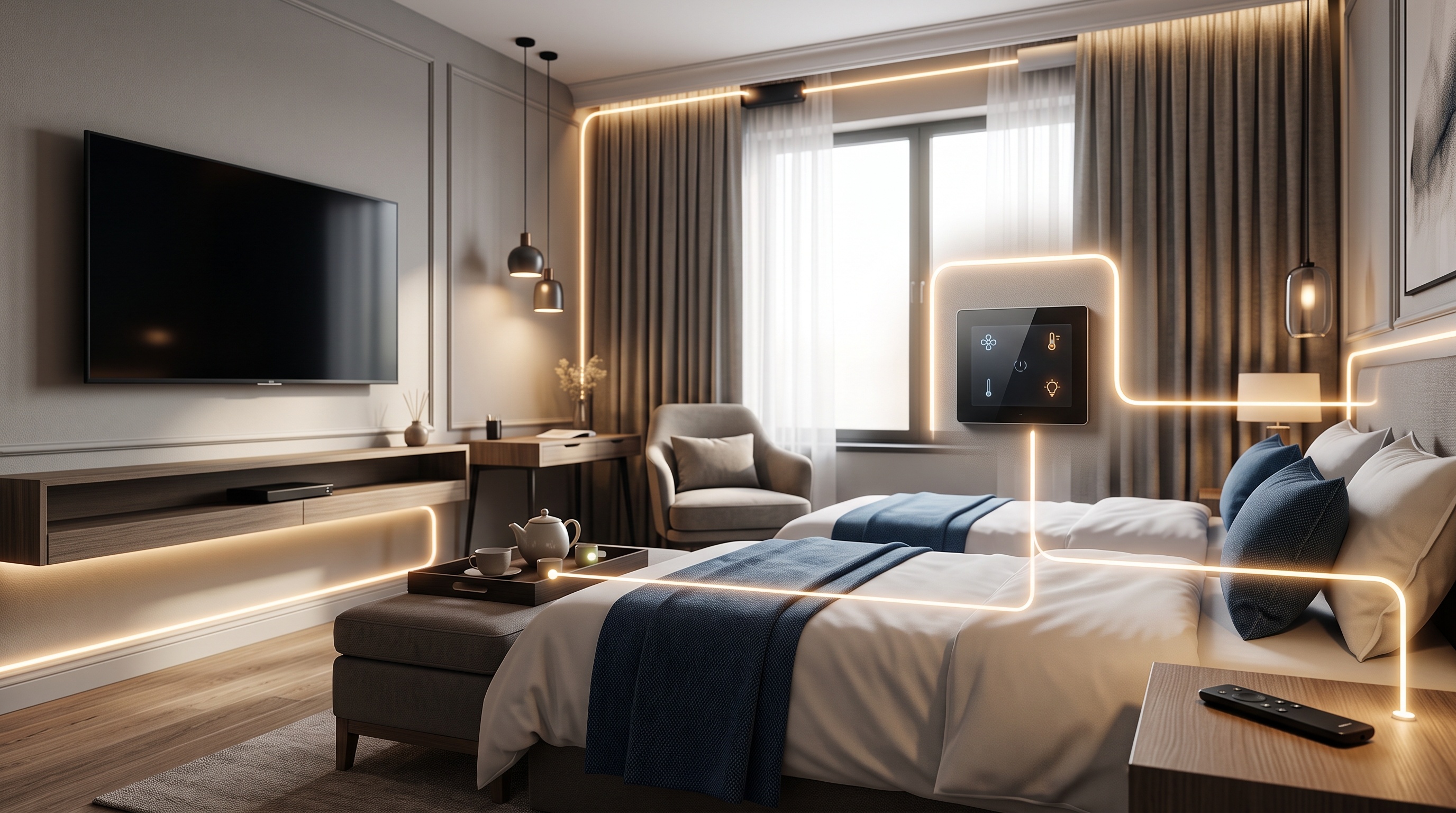Komfortowy pokój hotelowy z wizualnym motywem energii.