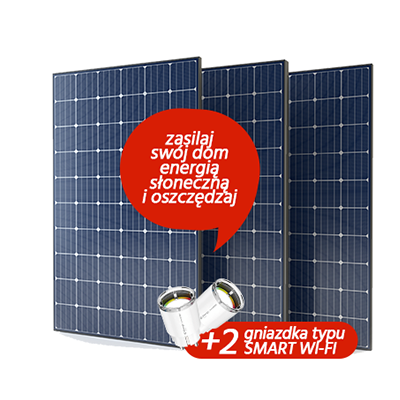Ilustracja przedstawia zestaw paneli fotowoltaicznych dwoma gniazdkami typuwifi