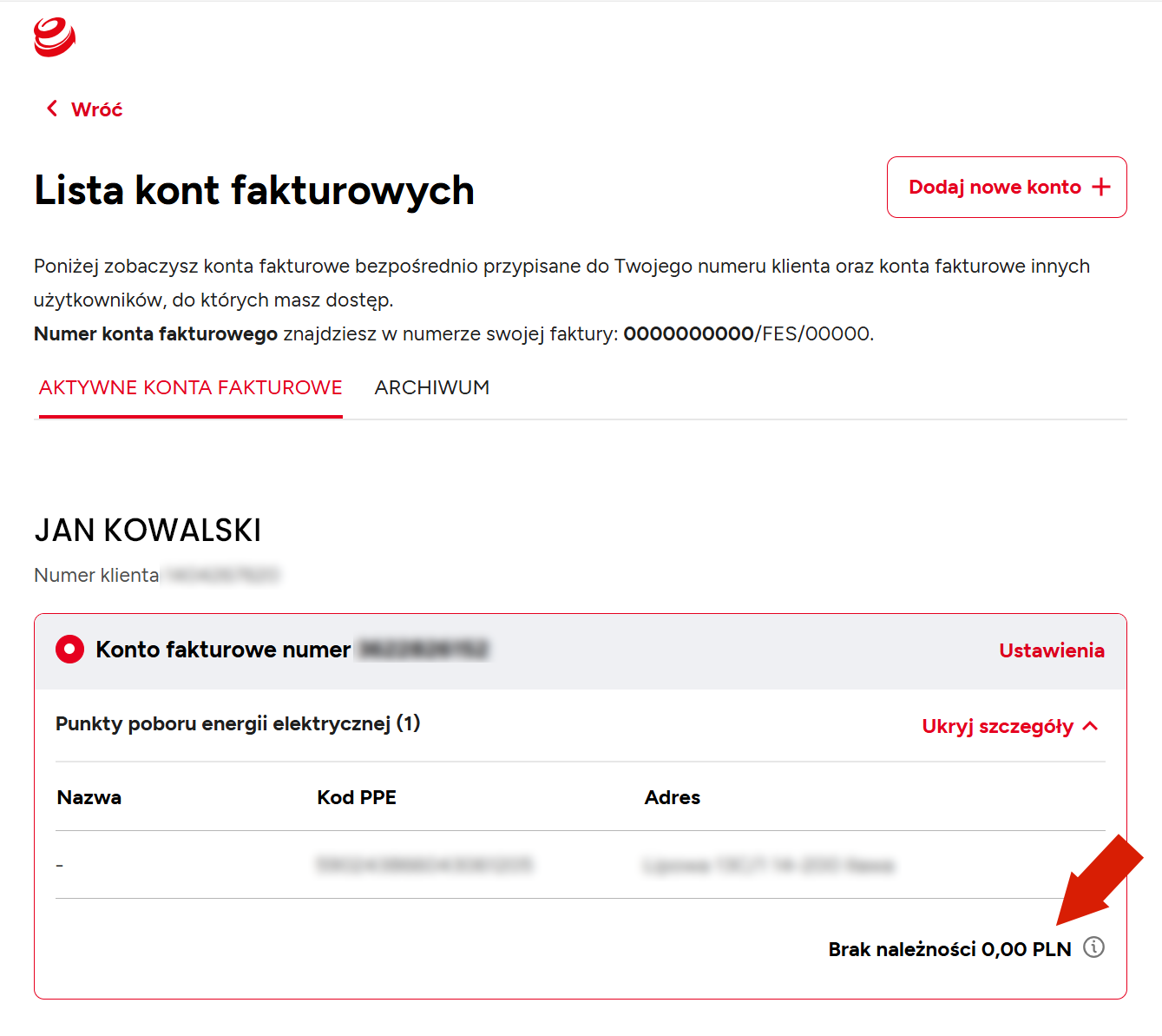 Lista kont fakturowych z saldem w ENERGA24