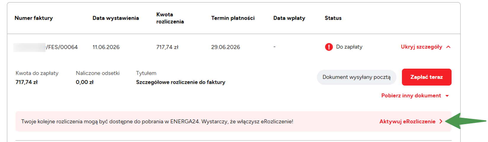 Aktywacja eRozliczenia prosto z listy faktur.