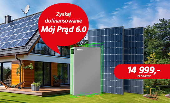 Ilustracja przedstawia dom z panelami fotowoltaicznymi na dachu, obok przedstawiony jest zestaw paneli wraz z magazynem energii za 21 999 zł brutto. W czerwonym dymku napis Zyskaj dofinansowanie Mój prąd 6.0